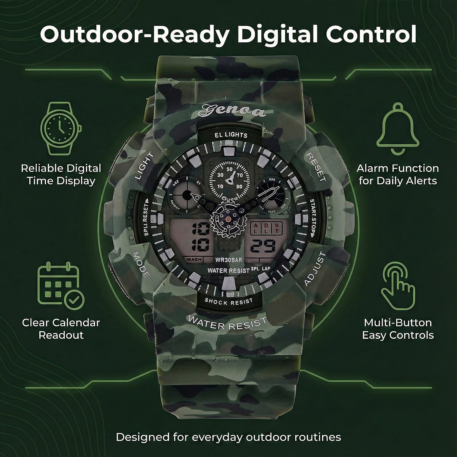 GENOA TIME V2 Double Electronic Movement 3ATM Water Resistant Camouflage Green Multifunctional LED Dial Watch with TPU Strap
